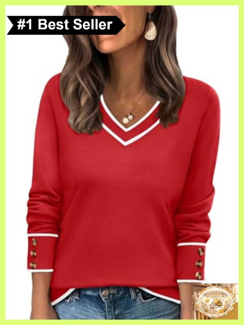 Womens Lightweight V Neck Knit Sweater Pullover with Button Cuffs